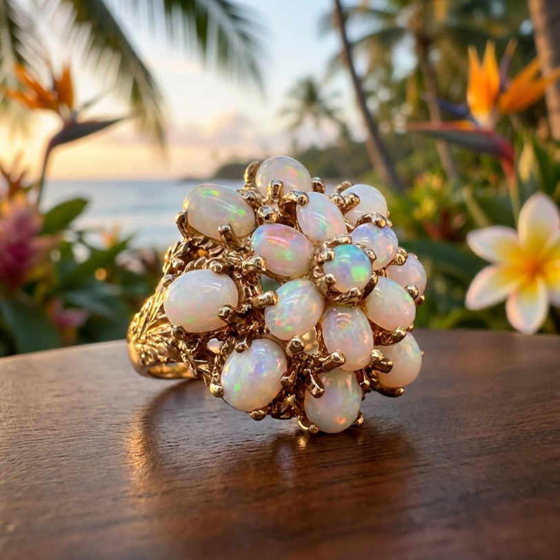 5-Carat Vintage Lightning Ridge Opal Cluster Ring in 14K