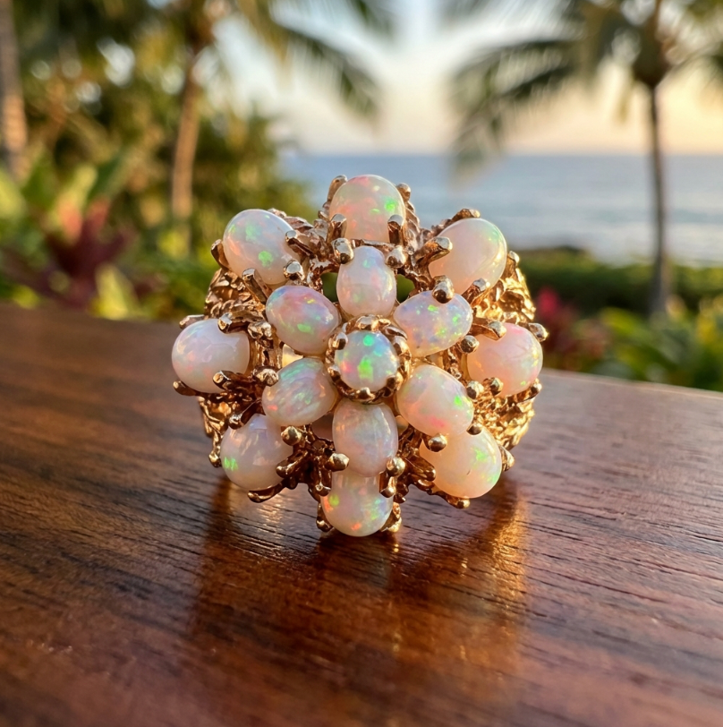 5-Carat Vintage Lightning Ridge Opal Cluster Ring in 14K