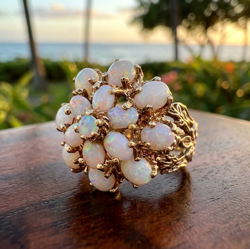 5-Carat Vintage Lightning Ridge Opal Cluster Ring in 14K