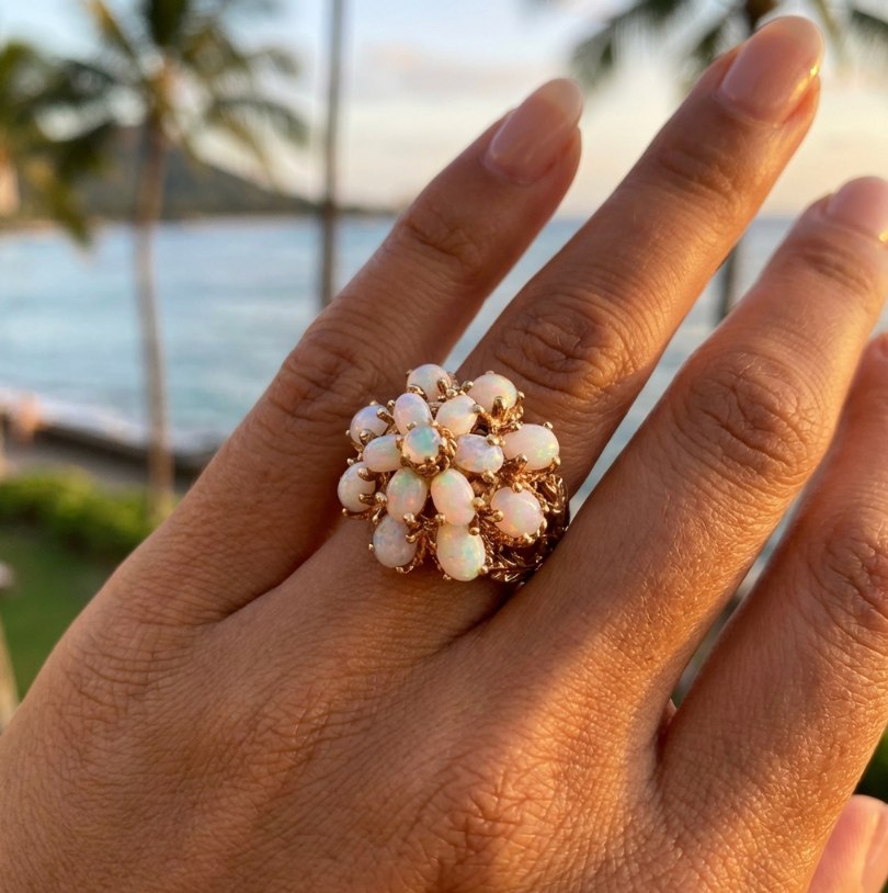 5-Carat Vintage Lightning Ridge Opal Cluster Ring in 14K