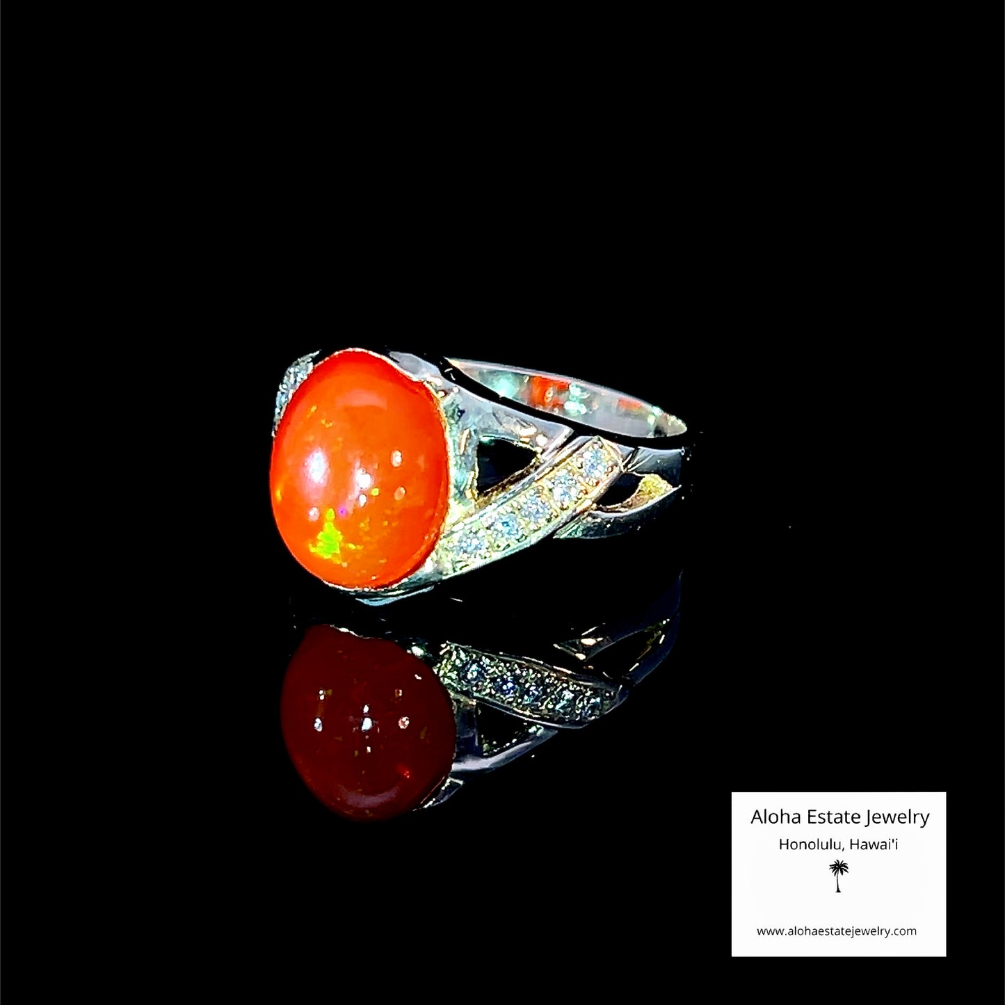 Precious Mexican Fire Opal & Diamond Ring in 14k Yellow Gold
