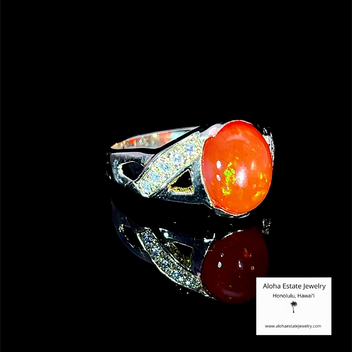 Precious Mexican Fire Opal & Diamond Ring in 14k Yellow Gold