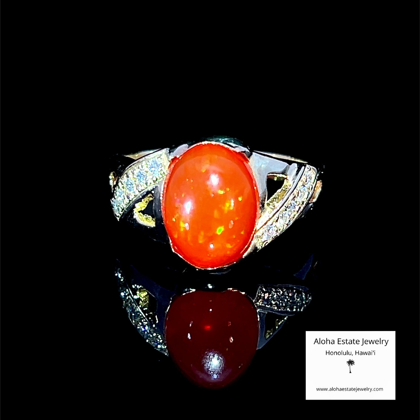 Precious Mexican Fire Opal & Diamond Ring in 14k Yellow Gold