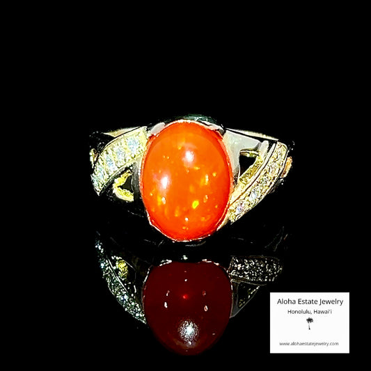 Precious Mexican Fire Opal & Diamond Ring in 14k Yellow Gold