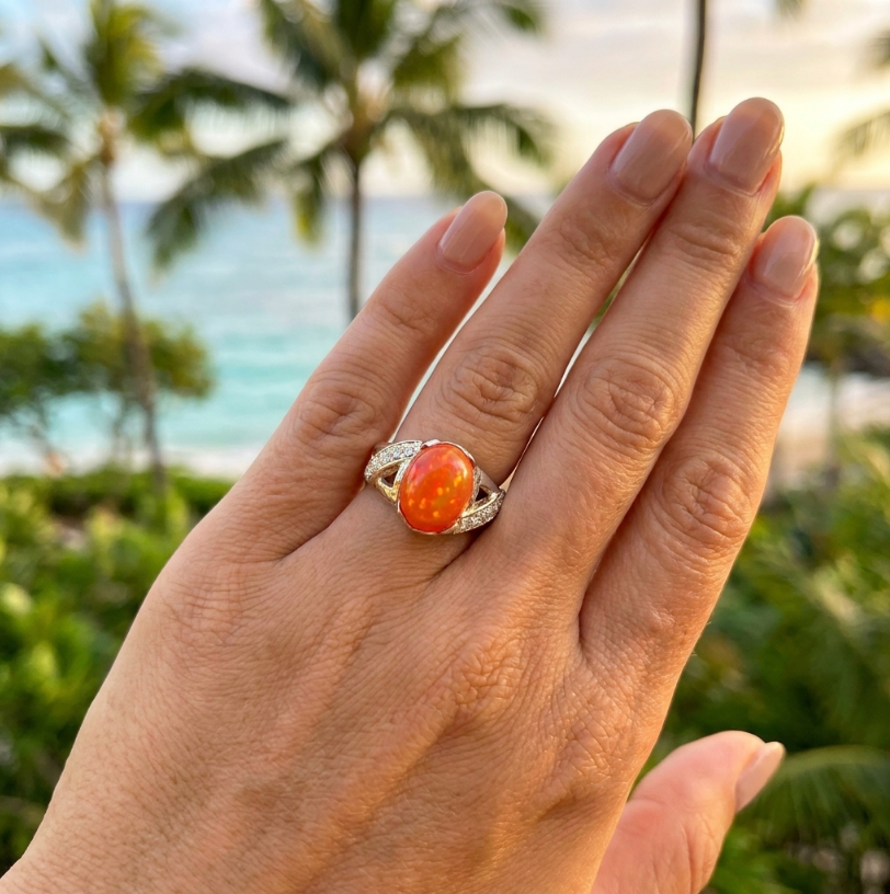 Precious Mexican Fire Opal & Diamond Ring in 14k Yellow Gold