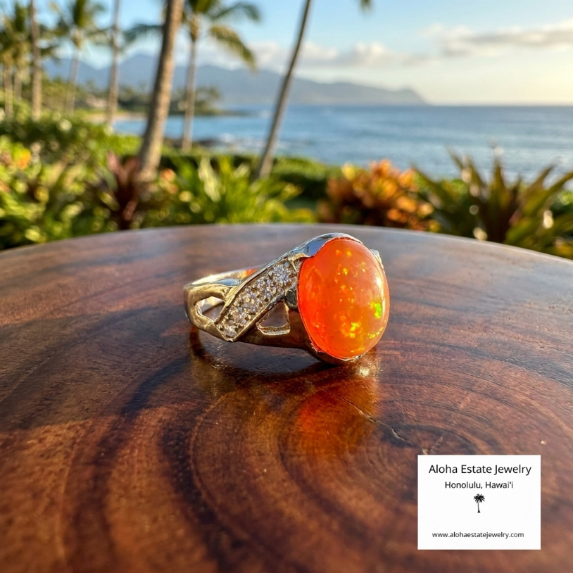 Precious Mexican Fire Opal & Diamond Ring in 14k Yellow Gold