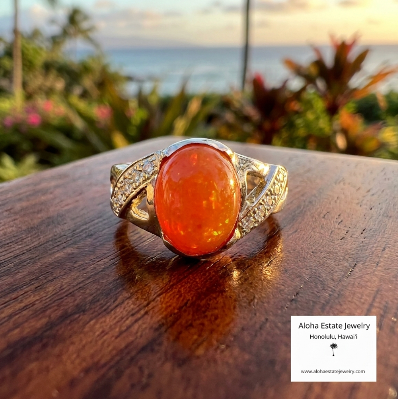 Precious Mexican Fire Opal & Diamond Ring in 14k Yellow Gold