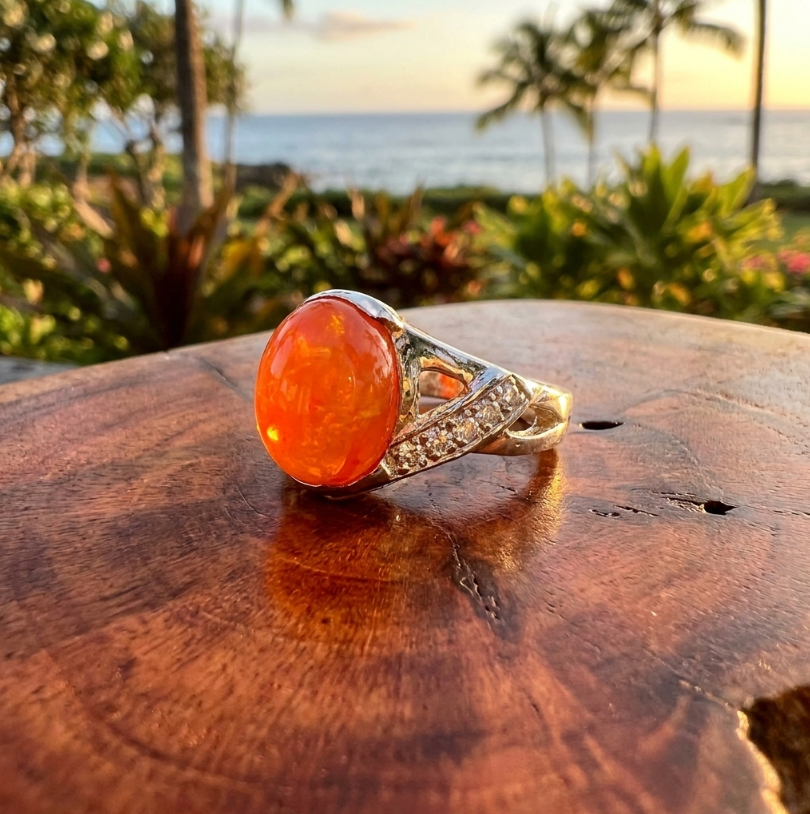 Precious Mexican Fire Opal & Diamond Ring in 14k Yellow Gold