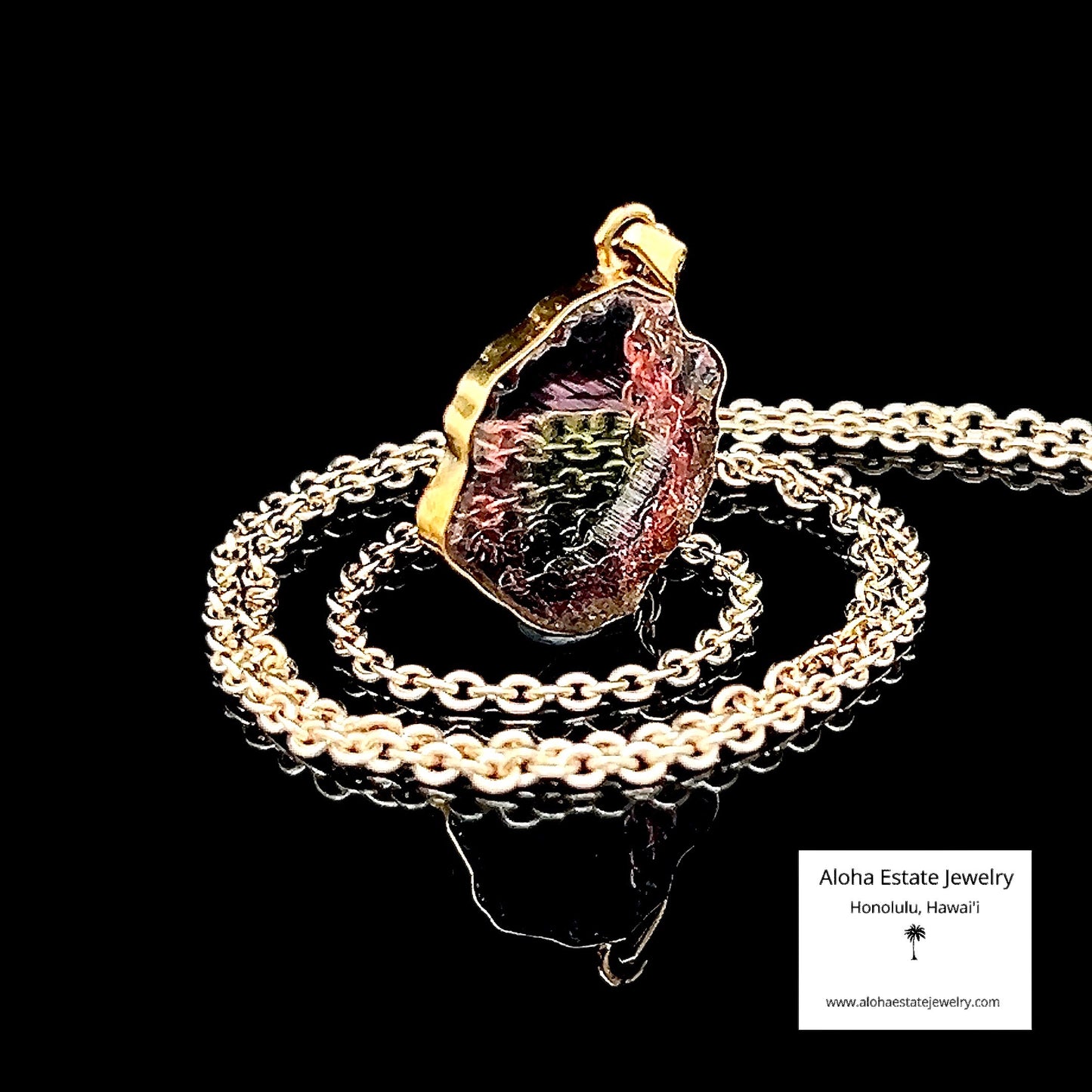 Vintage Watermelon Tourmaline Slice Pendant Framed in 18K