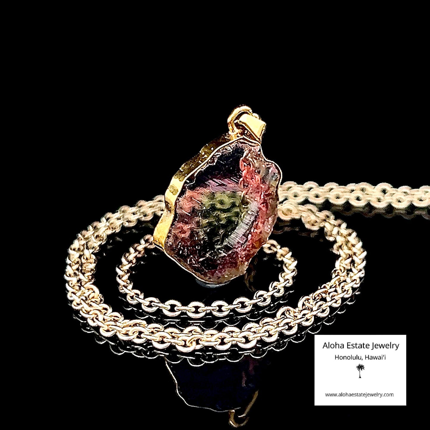 Vintage Watermelon Tourmaline Slice Pendant Framed in 18K