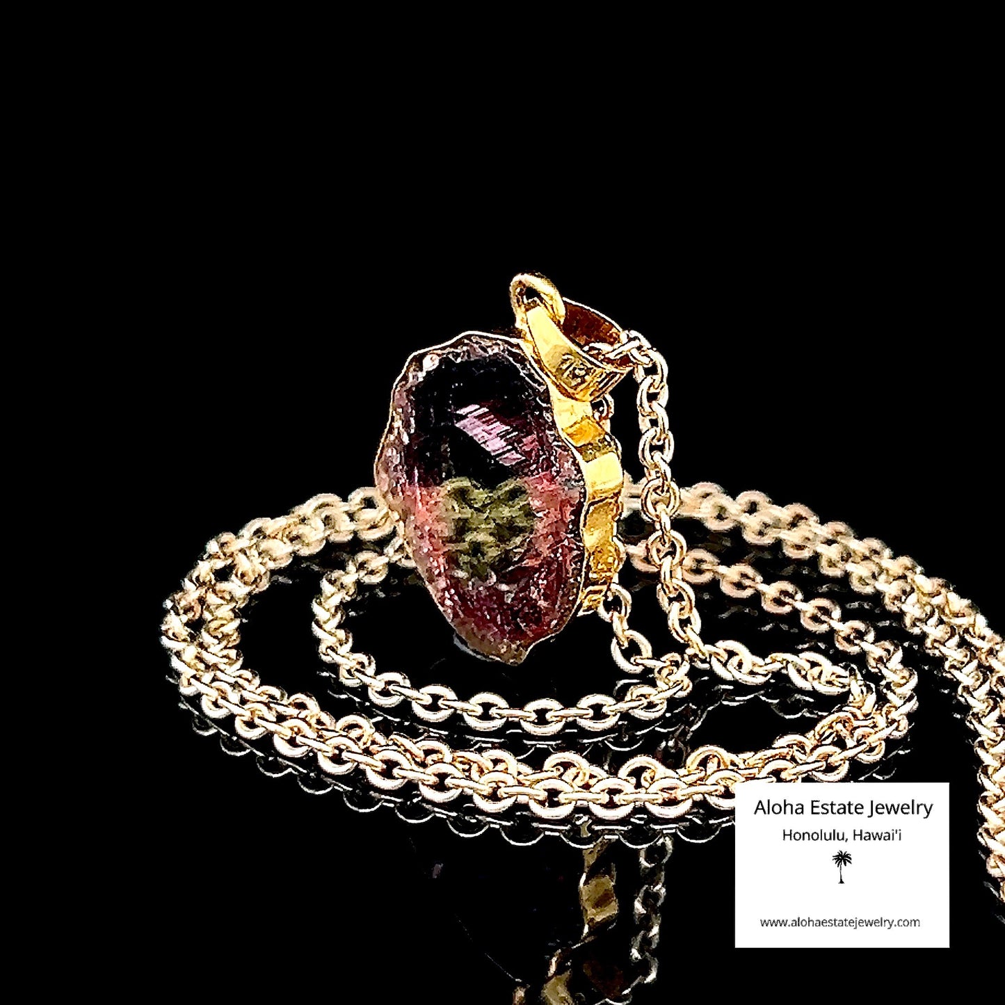 Vintage Watermelon Tourmaline Slice Pendant Framed in 18K