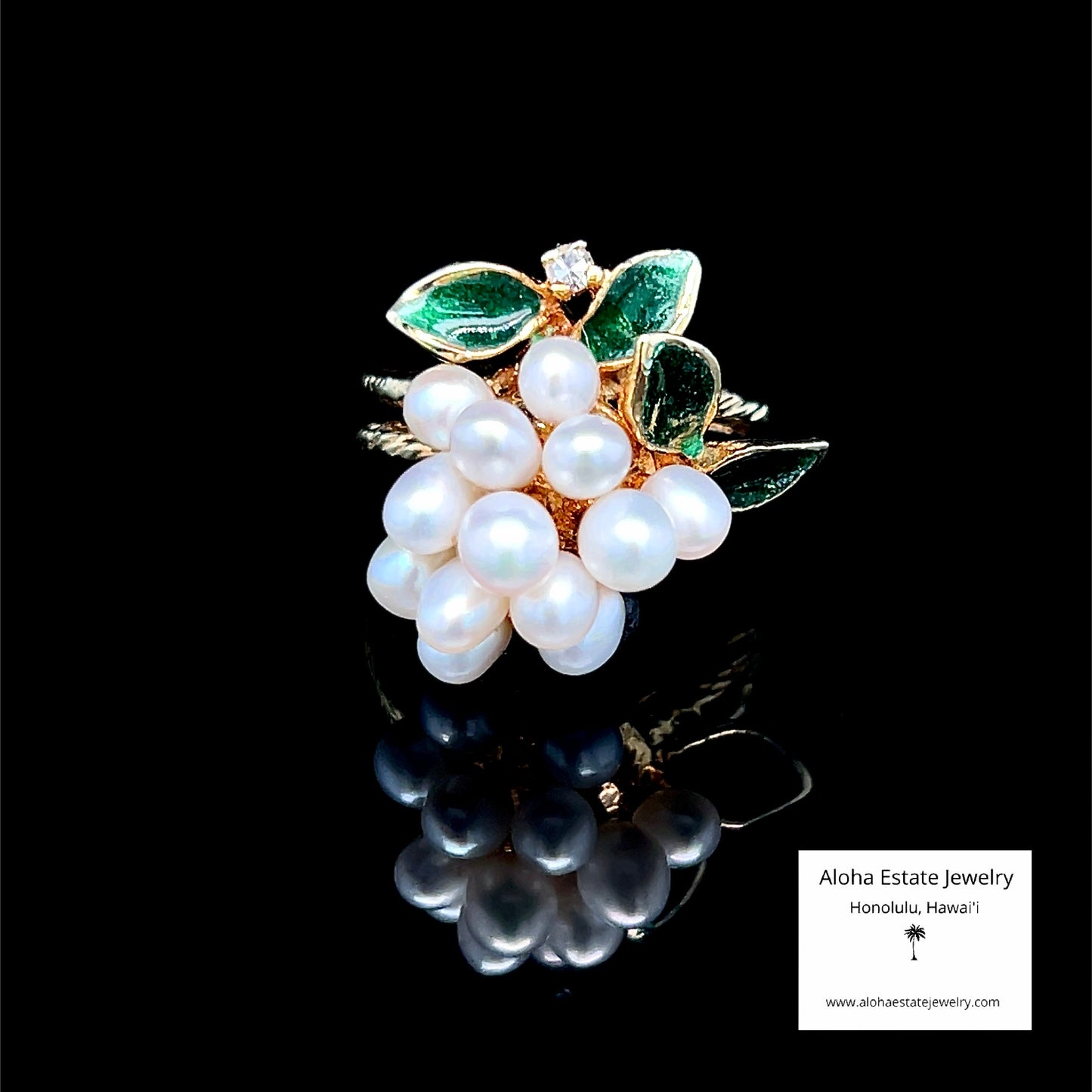 Estate 14K Pearl Cluster Ring with Enamel & Diamond Accents