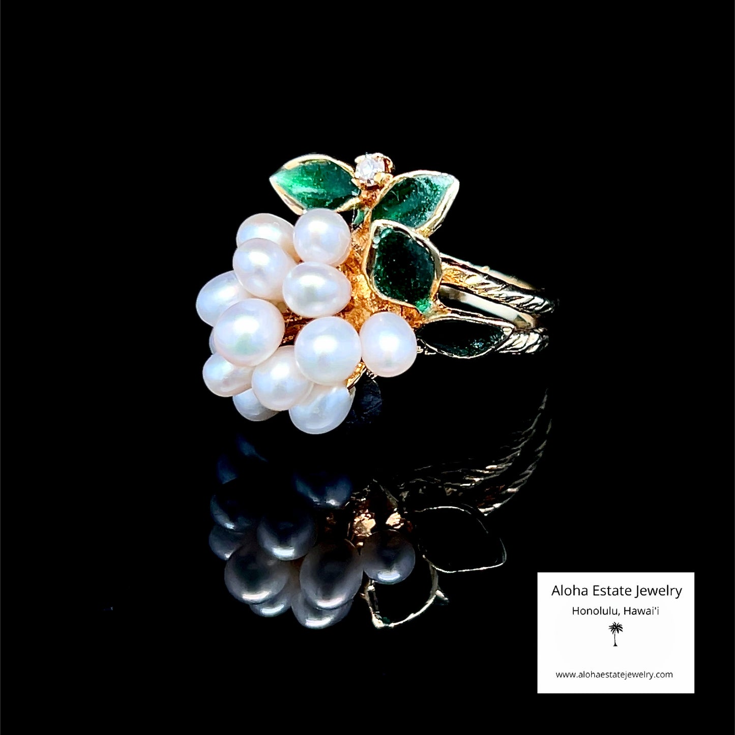 Estate 14K Pearl Cluster Ring with Enamel & Diamond Accents