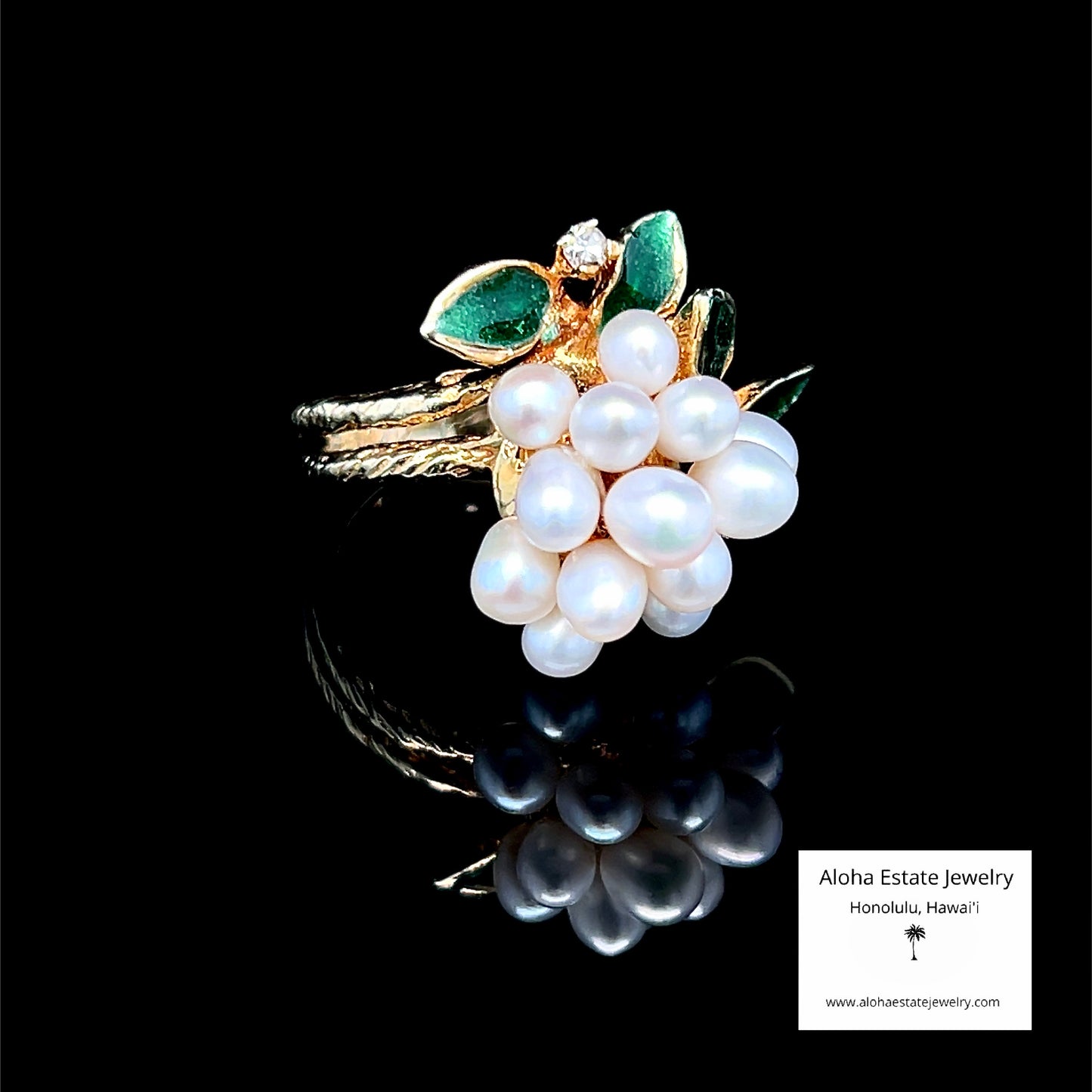 Estate 14K Pearl Cluster Ring with Enamel & Diamond Accents
