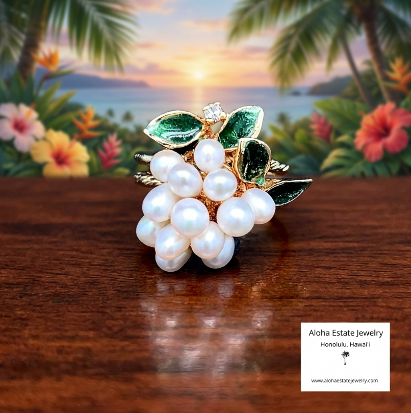 Estate 14K Pearl Cluster Ring with Enamel & Diamond Accents