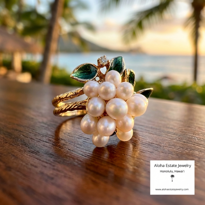 Estate 14K Pearl Cluster Ring with Enamel & Diamond Accents