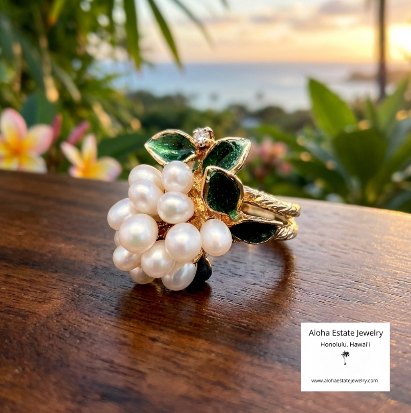 Estate 14K Pearl Cluster Ring with Enamel & Diamond Accents