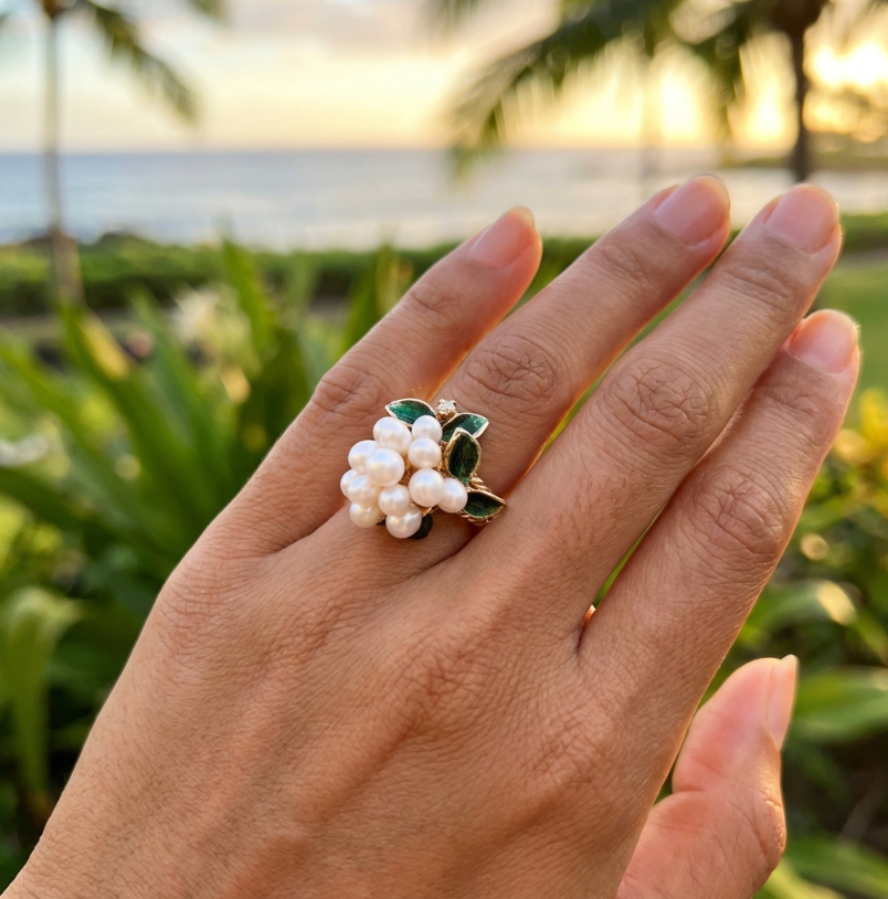Estate 14K Pearl Cluster Ring with Enamel & Diamond Accents