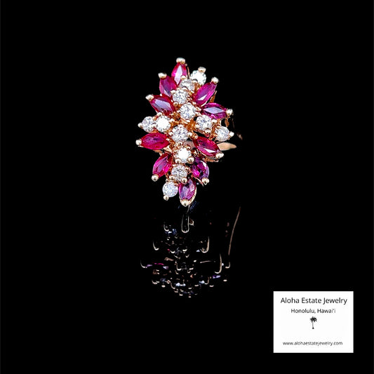 Vintage 2-Carats Diamonds and Red Spinel Cluster Ring