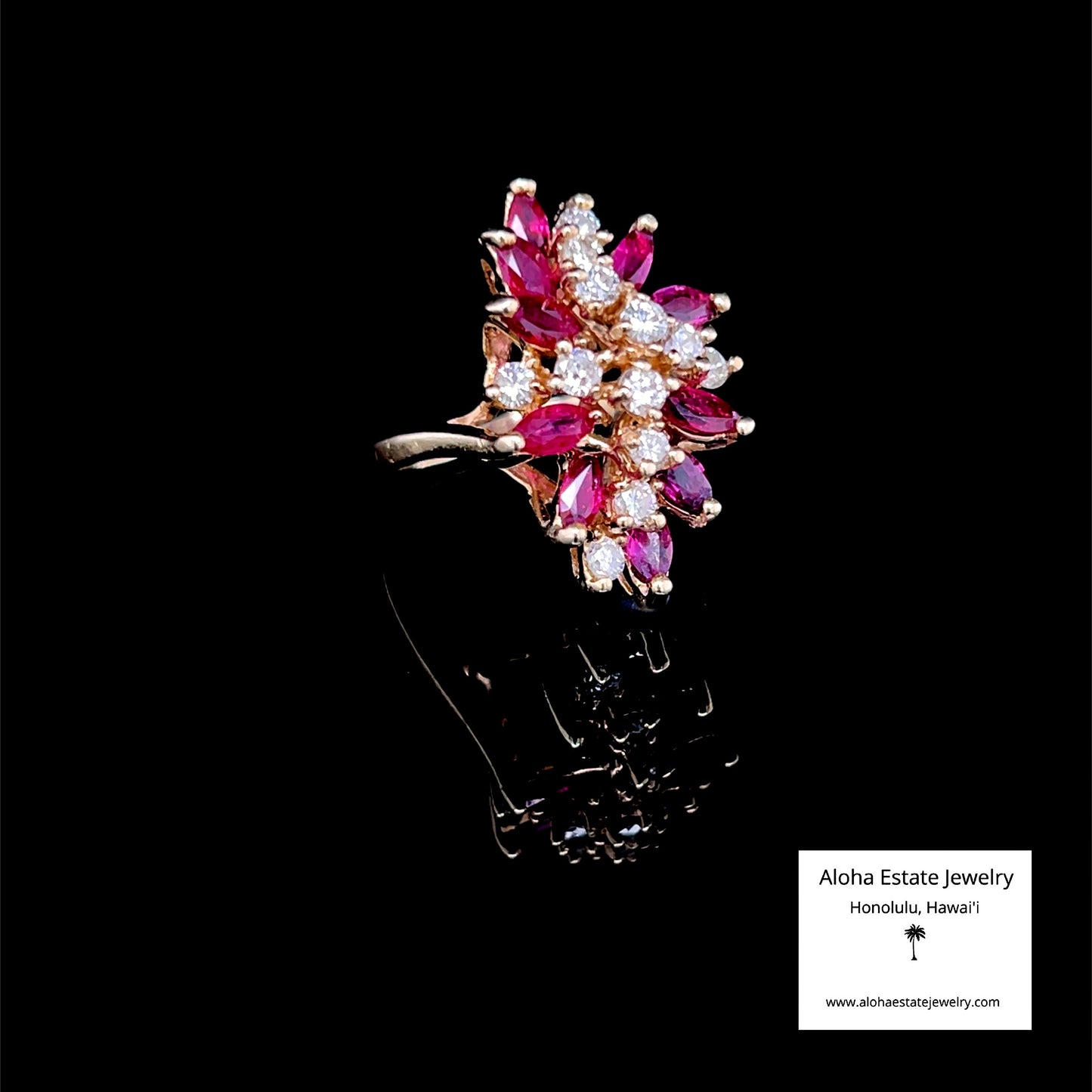 Vintage 2-Carats Diamonds and Red Spinel Cluster Ring