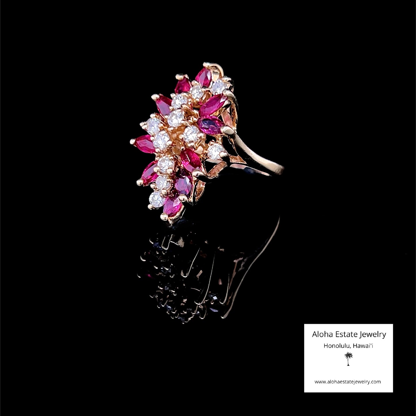 Vintage 2-Carats Diamonds and Red Spinel Cluster Ring