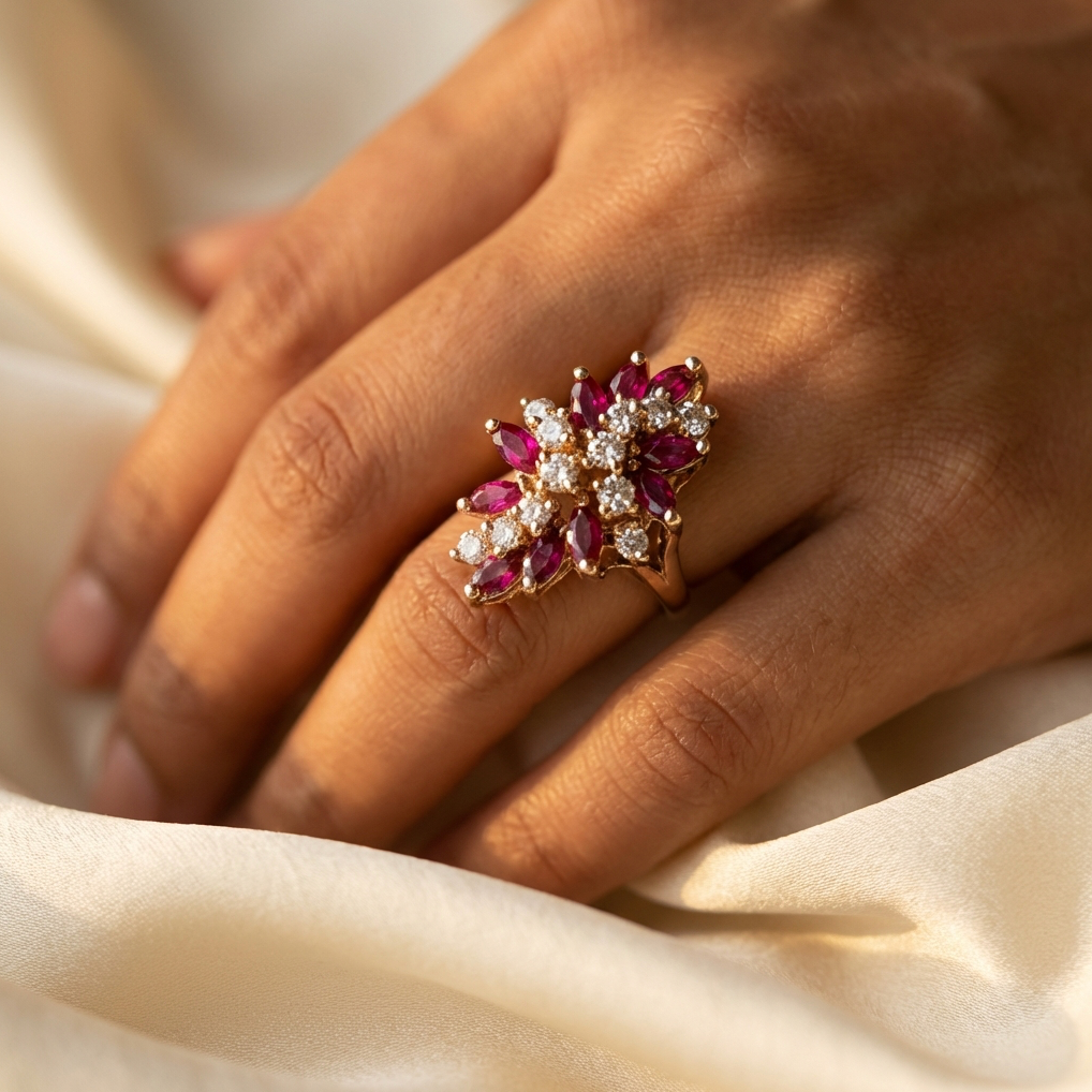 Vintage 2-Carats Diamonds and Red Spinel Cluster Ring