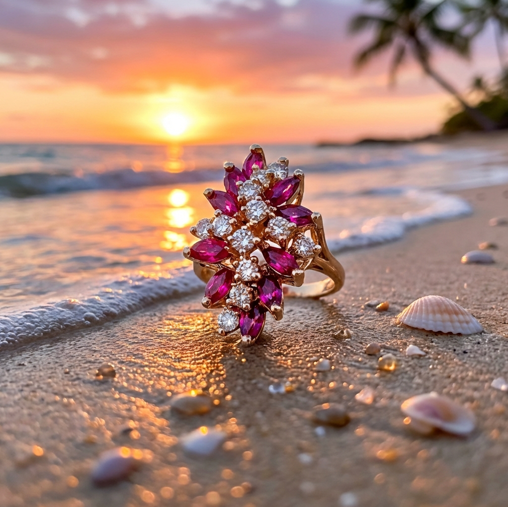 Vintage 2-Carats Diamonds and Red Spinel Cluster Ring