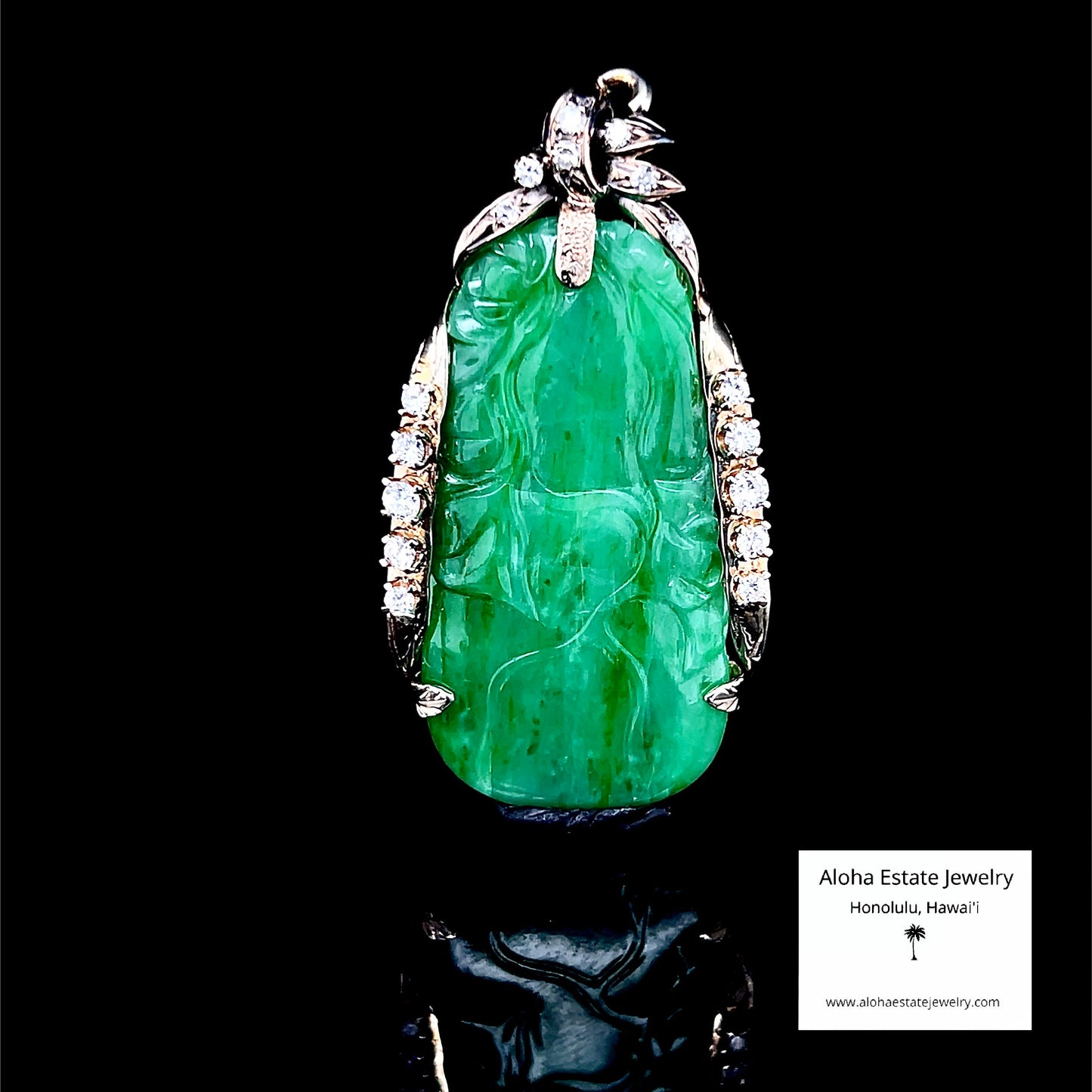 Vintage Ming's Diamond Accented Carved Jadeite Pin