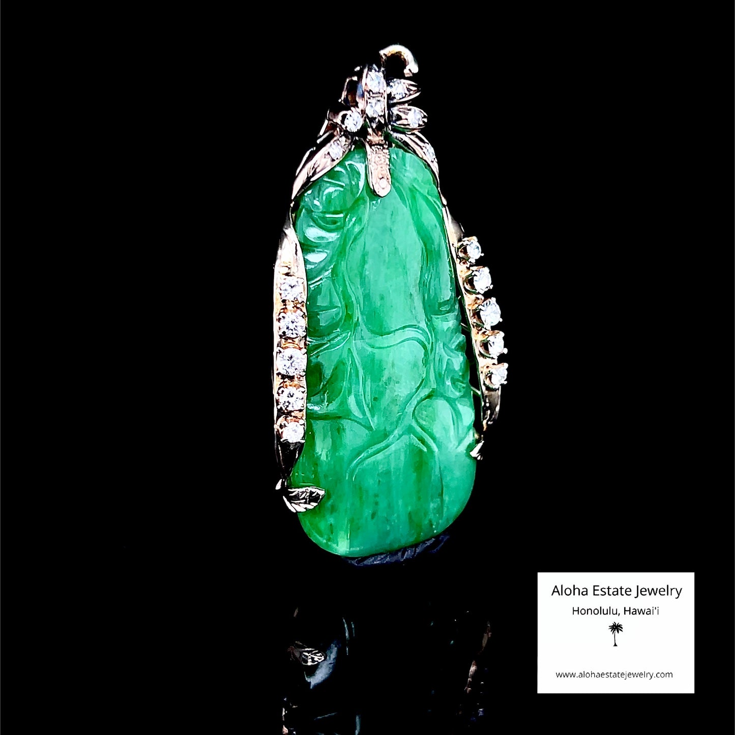 Vintage Ming's Diamond Accented Carved Jadeite Pin