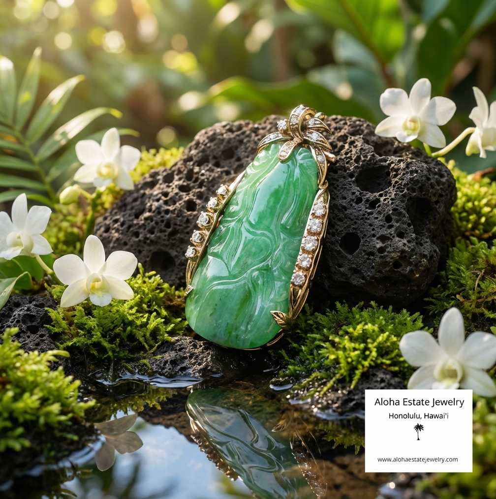 Vintage Ming's Diamond Accented Carved Jadeite Pin