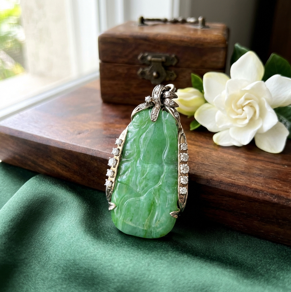 Vintage Ming's Diamond Accented Carved Jadeite Pin