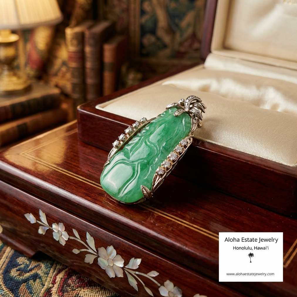 Vintage Ming's Diamond Accented Carved Jadeite Pin