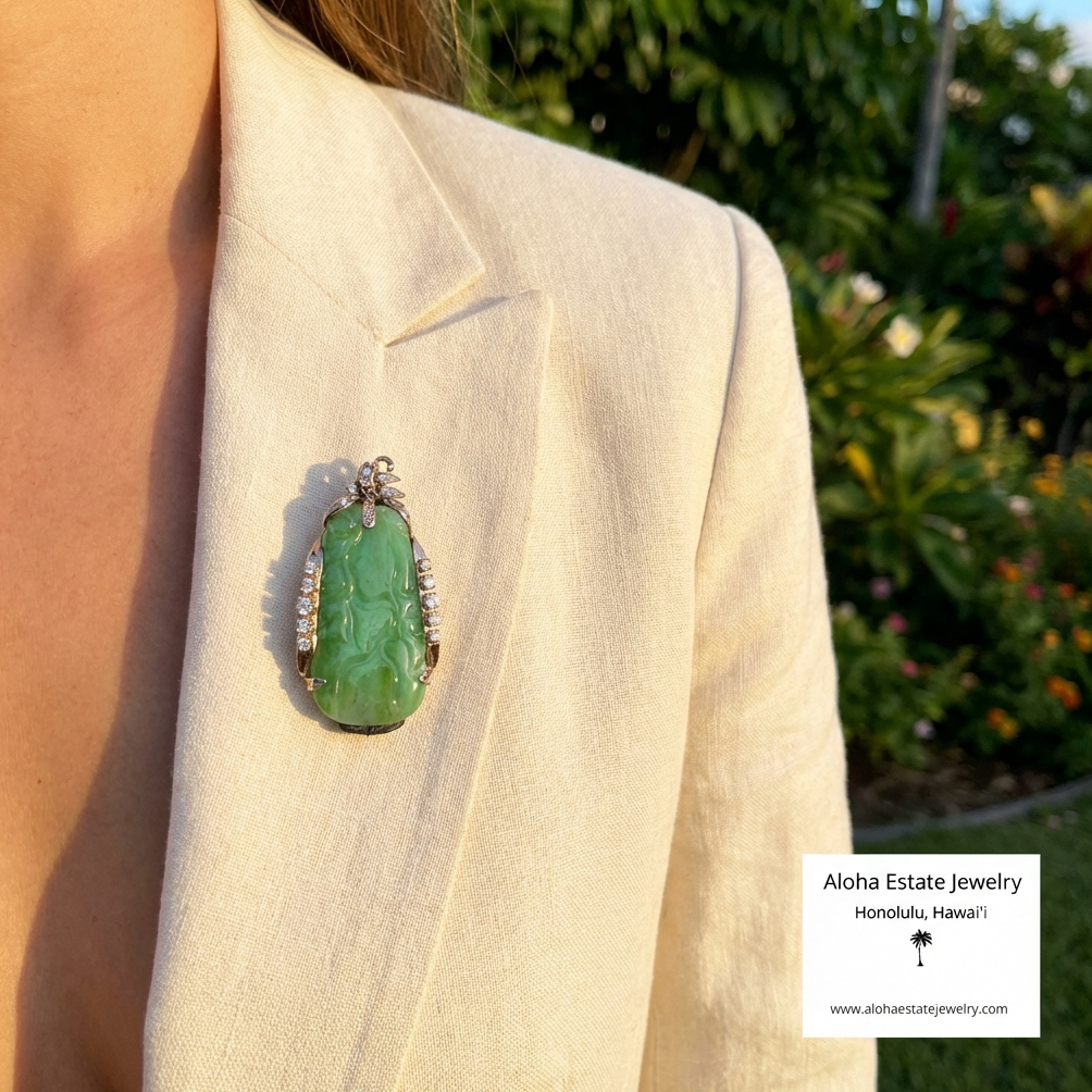 Vintage Ming's Diamond Accented Carved Jadeite Pin