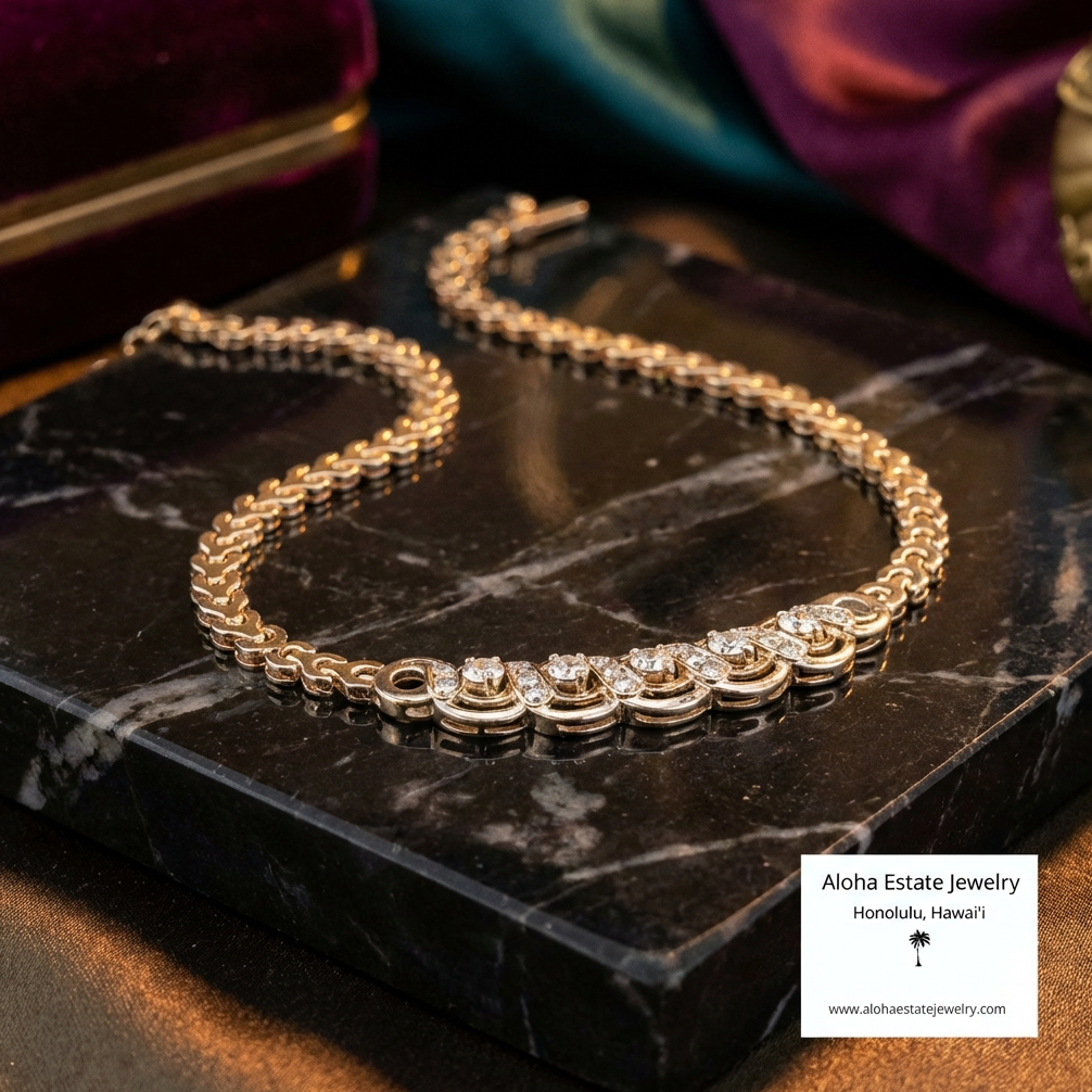 Vintage 1-Carat 18K Yellow Gold Diamond Station Necklace