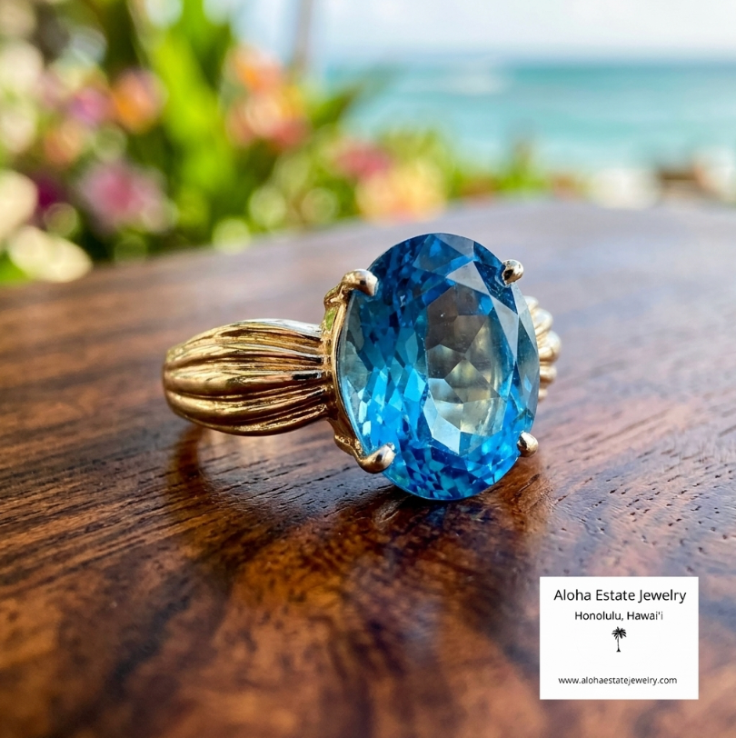 Estate 5-Carat 14k Swiss Blue Topaz Solitaire Ring