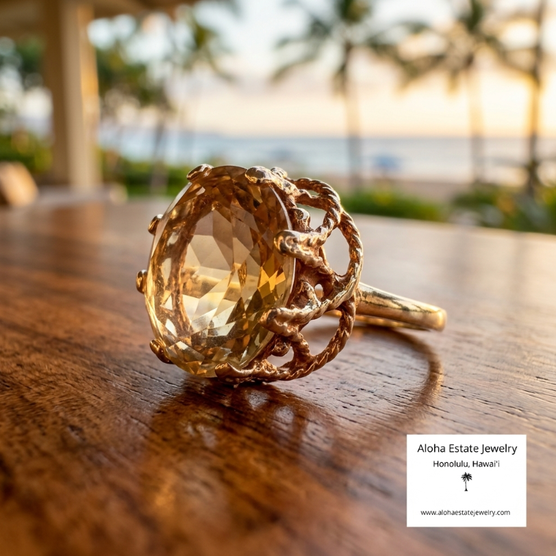 Vintage Hand Crafted Greenish-Yellow Citrine Solitaire Ring