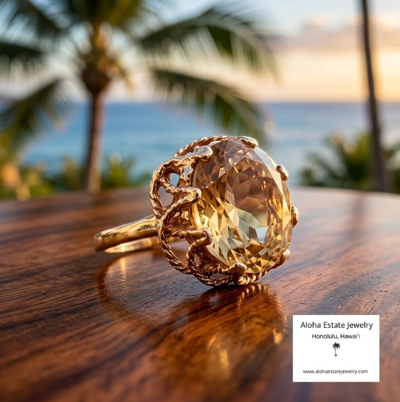 Vintage Hand Crafted Greenish-Yellow Citrine Solitaire Ring