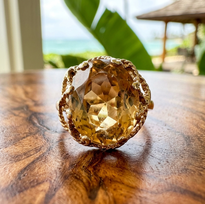 Vintage Hand Crafted Greenish-Yellow Citrine Solitaire Ring