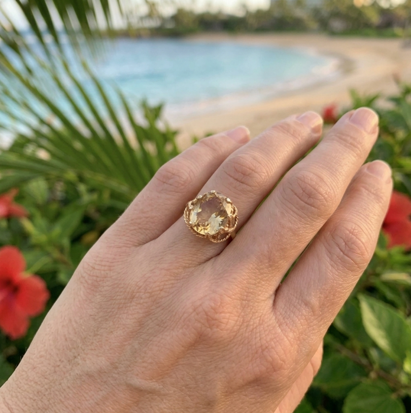 Vintage Hand Crafted Greenish-Yellow Citrine Solitaire Ring
