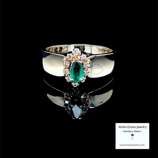 Vintage 14k Marquise Emerald and Diamond Accented Ring