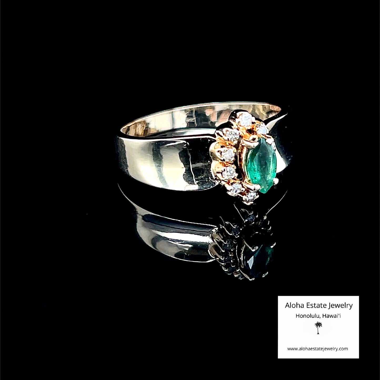 Vintage 14k Marquise Emerald and Diamond Accented Ring