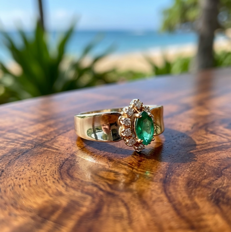 Vintage 14k Marquise Emerald and Diamond Accented Ring