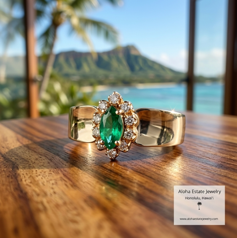 Vintage 14k Marquise Emerald and Diamond Accented Ring