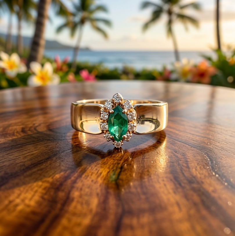 Vintage 14k Marquise Emerald and Diamond Accented Ring