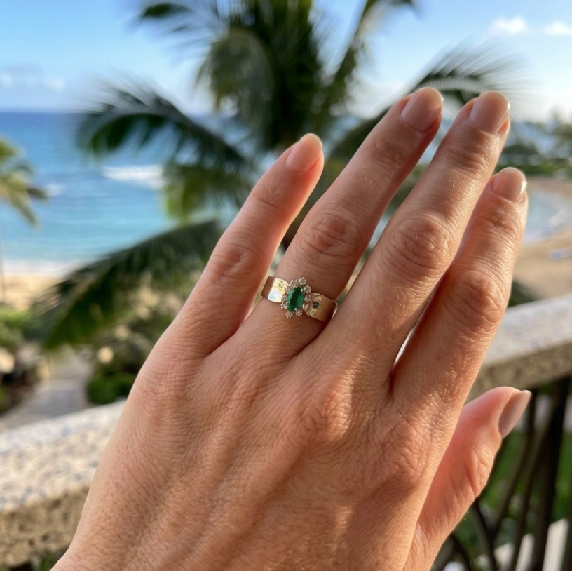 Vintage 14k Marquise Emerald and Diamond Accented Ring