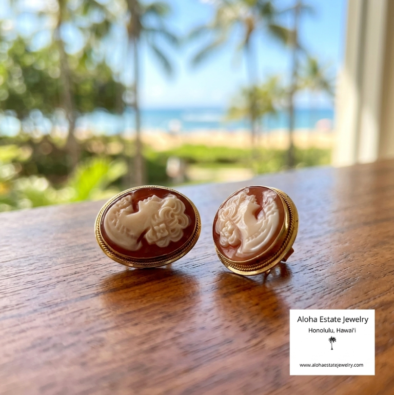 Vintage 15k Hand Carved Italian Cameo Earrings