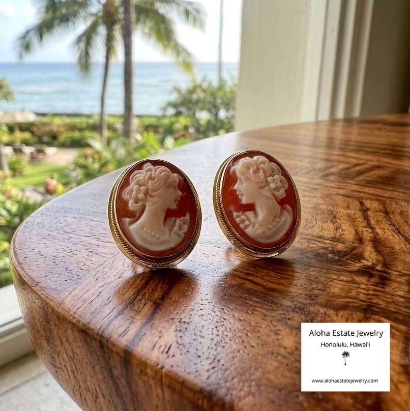 Vintage 15k Hand Carved Italian Cameo Earrings