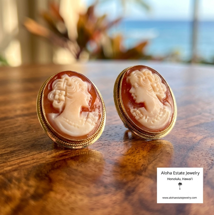 Vintage 15k Hand Carved Italian Cameo Earrings