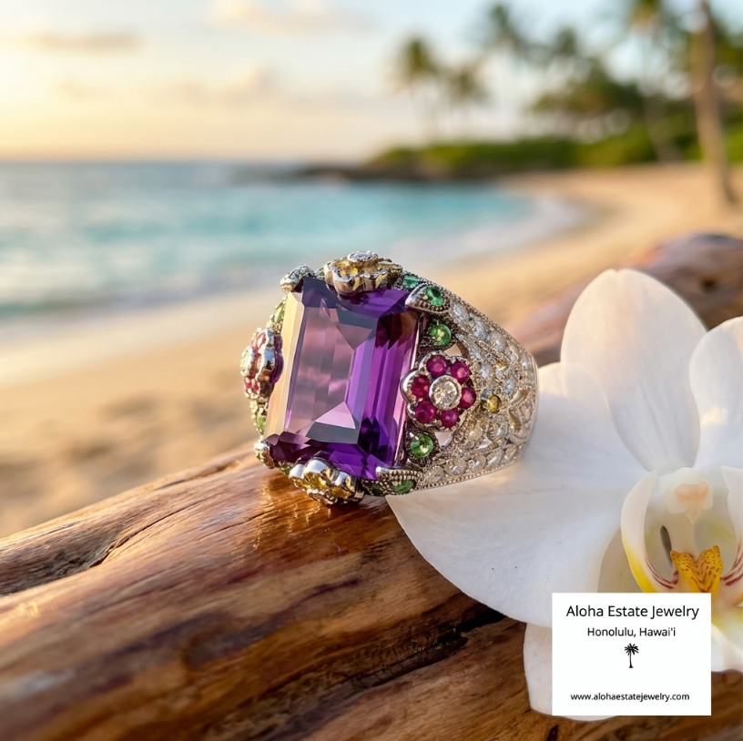 Stunning Estate 12-Carats 14k Multi-Gemstone "Garden Ring"