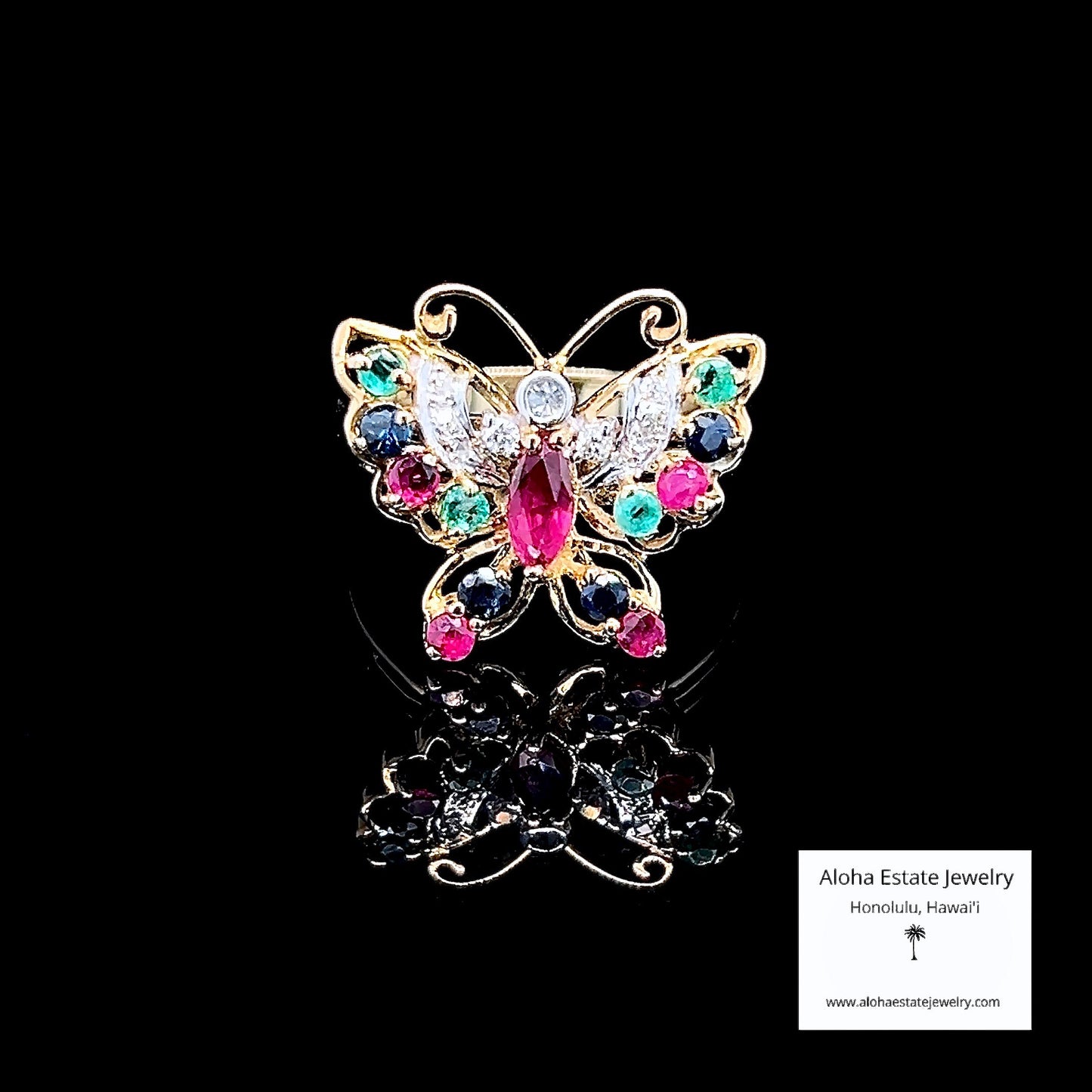 Vintage Multi-Jewel Butterfly Ring in 14k Gold